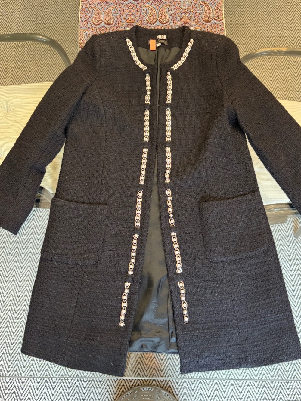 Angel Nina (France) (42 Fr/M) long wool blazer/jacket, with chain & pearl motif.